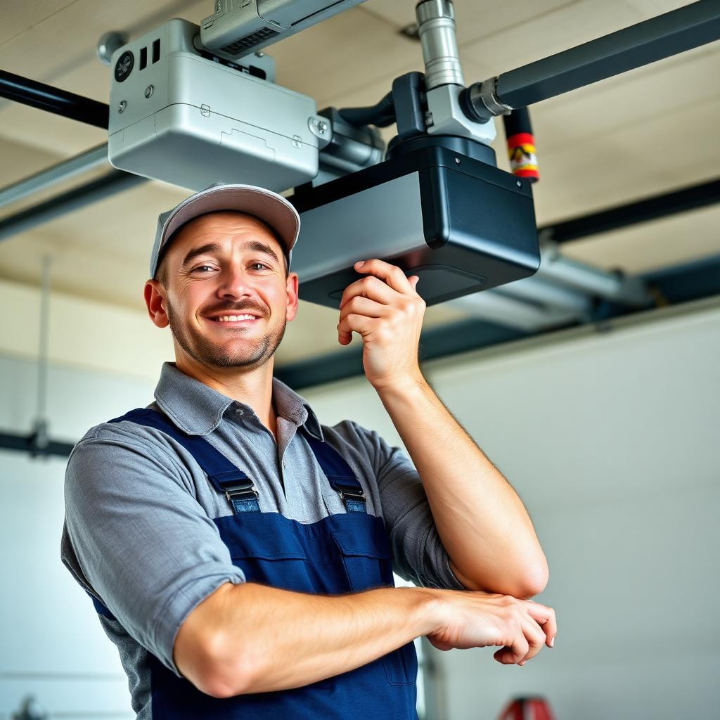 Experienced garage door technician inspecting residential garage door in New Braunfels