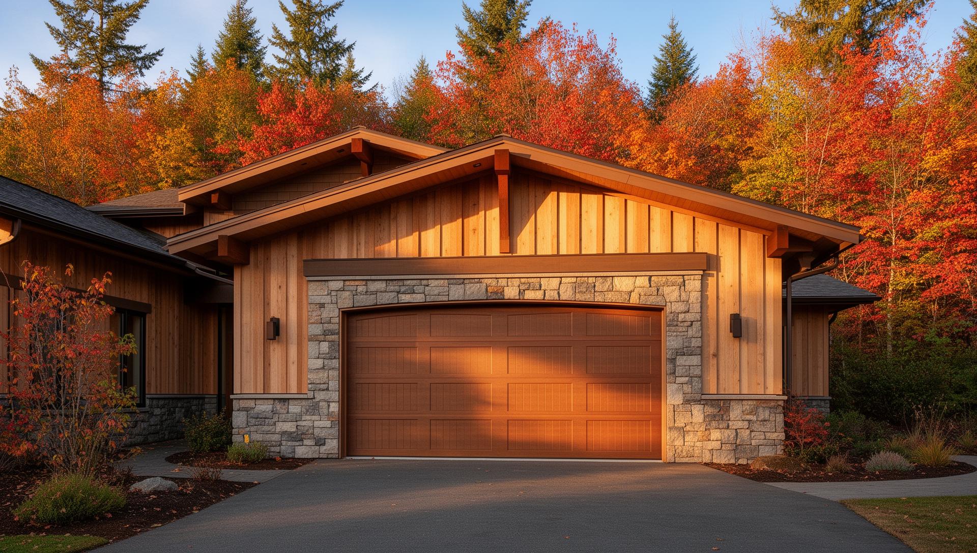 Premium Tuscan-inspired garage door with stone surround on modern home
