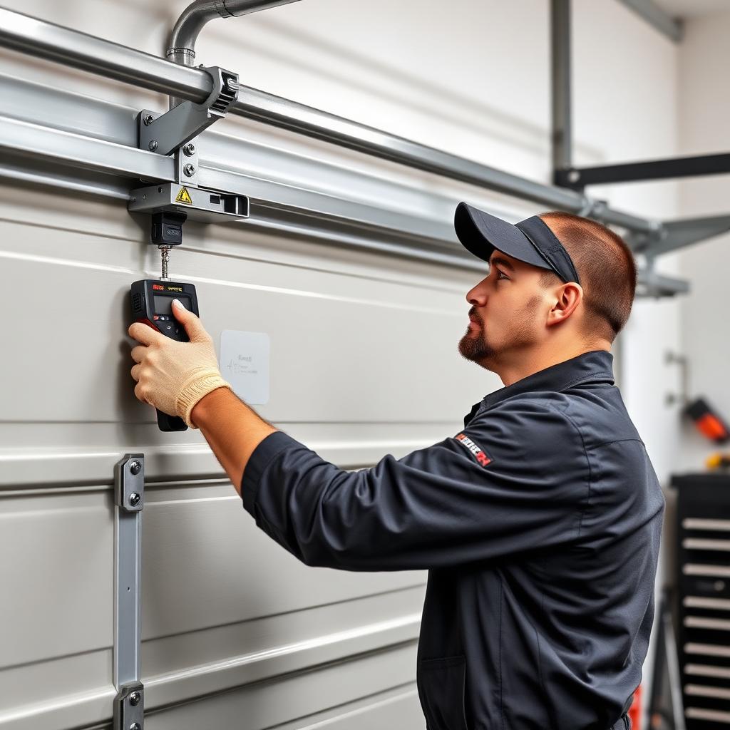 Professional garage door technician performing maintenance service